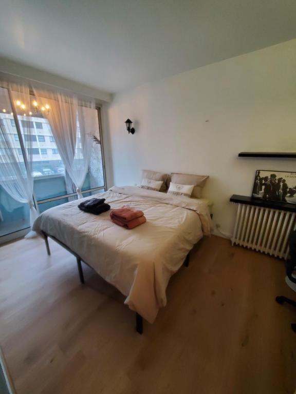 叙雷纳Apartment 2 or 3 bedrooms near Paris的一张位于带大窗户的房间内的床铺