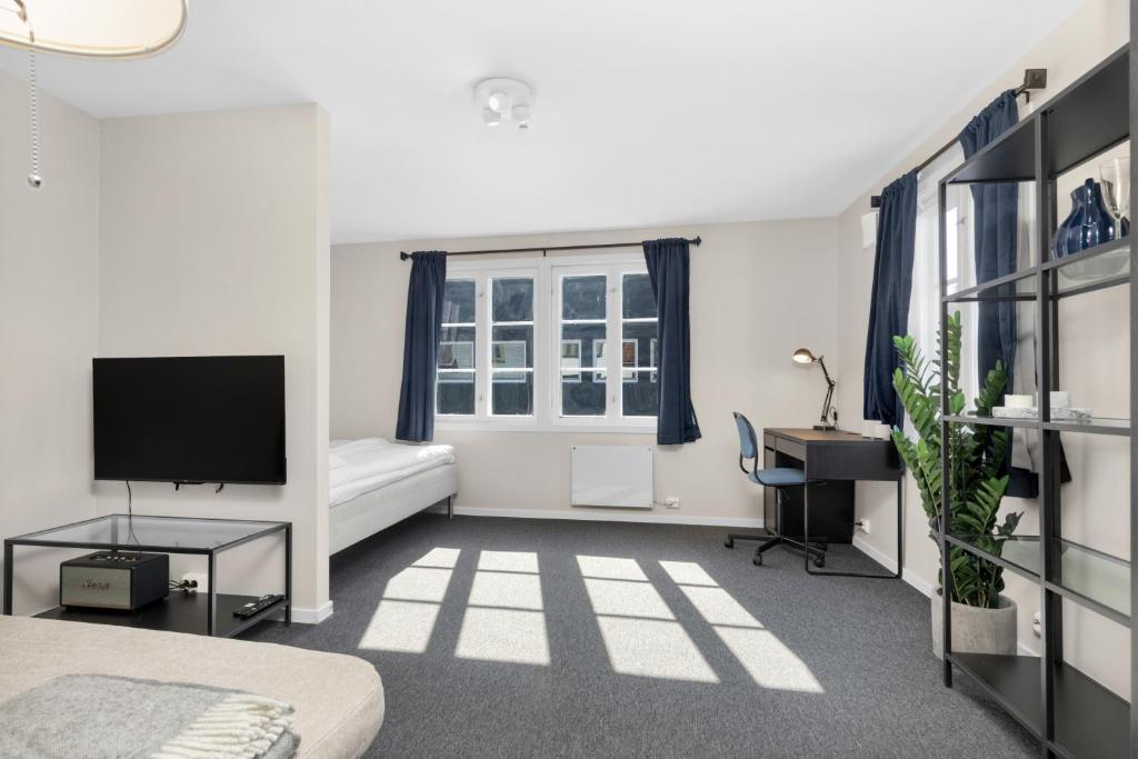 斯塔万格Central Studio Apartment in Stavanger的一间卧室配有一张床、一张书桌和一台电视。