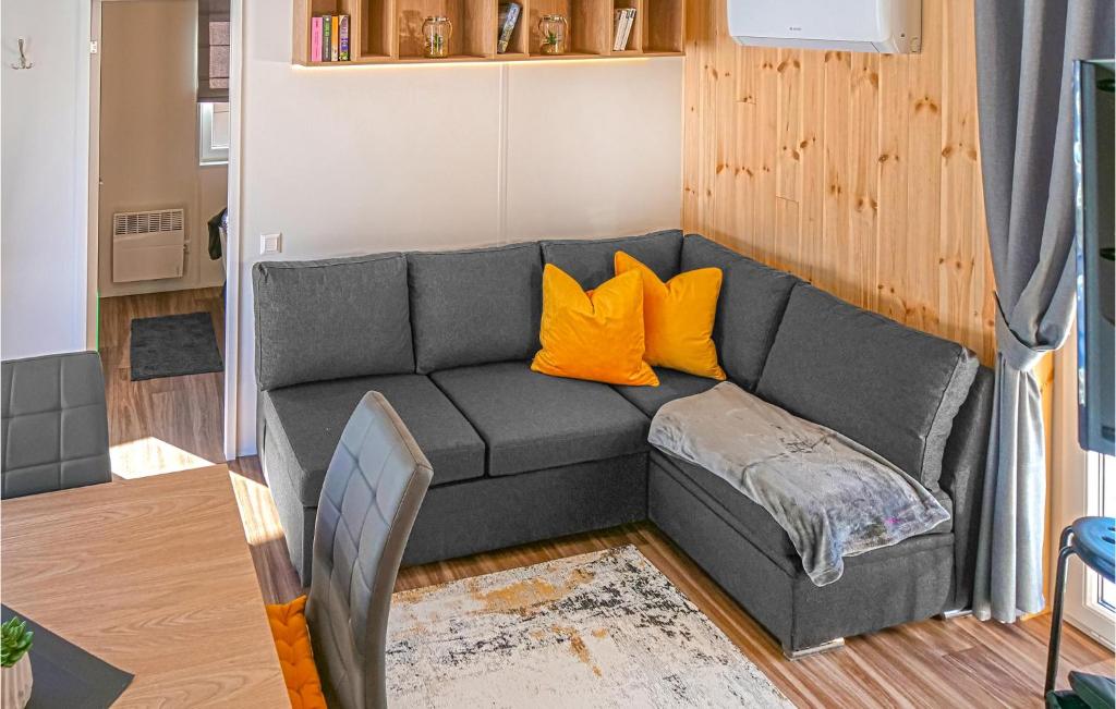 UntergriesbachBlumenwiesenweg 15的客厅配有带橙色枕头的灰色沙发