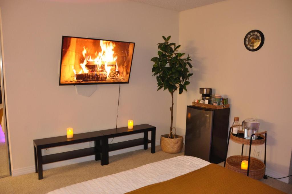 洛杉矶Exclusive Private Room in the Shared Apartment by the Ocean的客厅的墙上设有壁炉