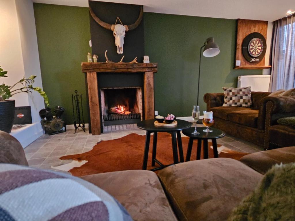 杜柏B&B Barvaux, Durbuy的客厅设有壁炉和沙发。