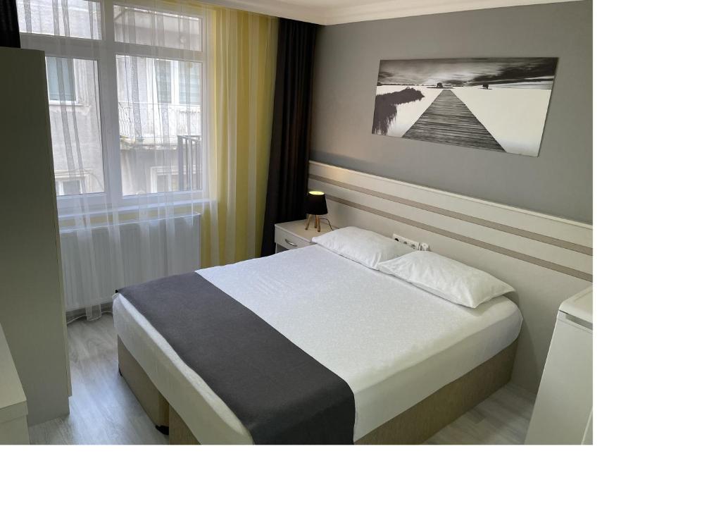 埃迪尔内Kaleroom EDİRNE的一间卧室设有一张床和两个窗户。