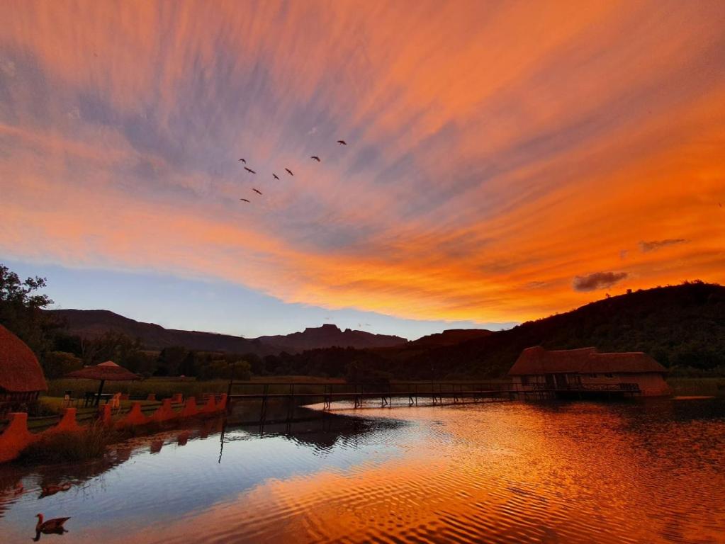 香槟谷Dragon Peaks Mountain Resort的日落时分一群鸟飞过河