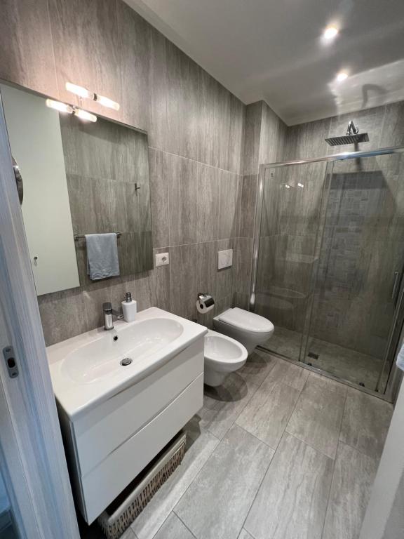伊斯基亚Maison Mele Ischia的一间带水槽、卫生间和淋浴的浴室