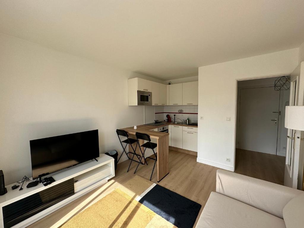 凯恩Appartement Caen的带电视的客厅和厨房