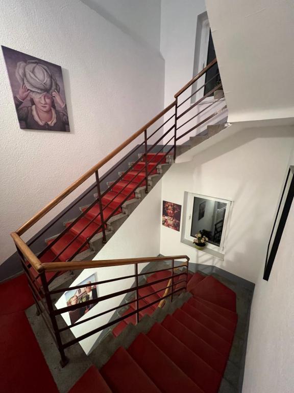 贝尔格莱德Cabbage Hostel的铺有红地毯的楼梯和红色楼梯间