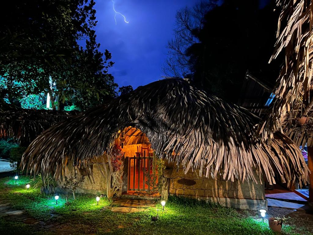 达瓦拉维Hasthi Safari Cottage的茅草小屋,茅草屋顶,晚上