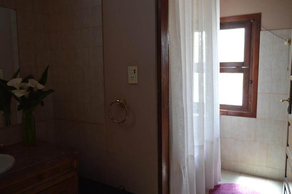 里奥夸尔托Estancia Urbana Hotel Boutique的带淋浴和盥洗盆的浴室以及窗户。