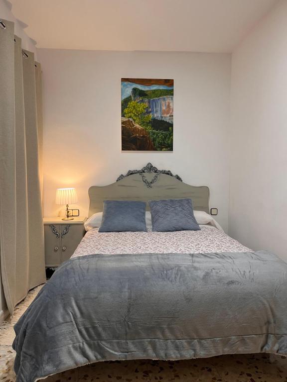 CañizaresLA COLMENA的一间卧室配有一张大床和两个蓝色枕头
