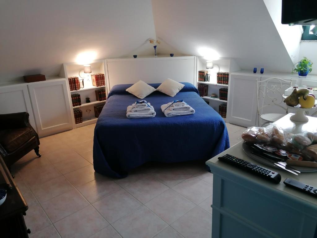 努奥罗Coros的一间卧室配有一张带蓝色床单的床和一张书桌。