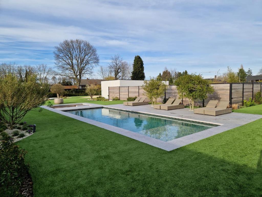 BalenGuesthouse Andor的绿色草地庭院中的游泳池