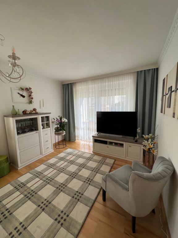 施皮尔贝格Apartament Acasa的客厅配有电视、椅子和地毯