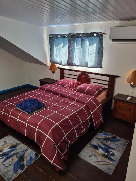 SinnamaryRésidence JB的一间卧室配有一张带红色棉被的床和窗户。