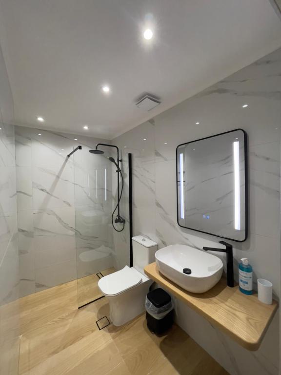 帕拉利昂阿斯特罗Bettys rooms的一间带卫生间、淋浴和镜子的浴室