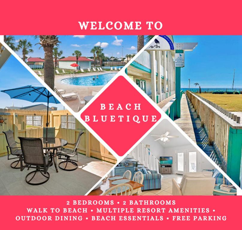 巴拿马城海滩Chic Townhouse Steps to the Beach Outdoor Pools的海滩俱乐部会所四张照片的拼合