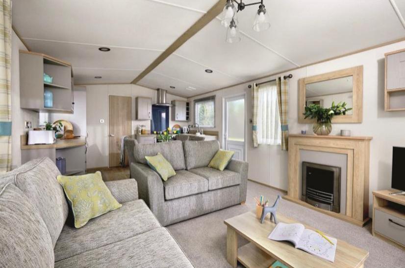 佩恩顿Hoburne Devon Bay stunning 3 bed luxury lodge的带沙发和壁炉的客厅