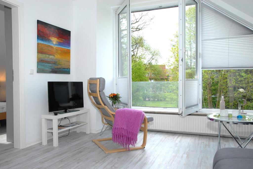 沙博伊茨Seeschwalbe的客厅配有椅子和电视