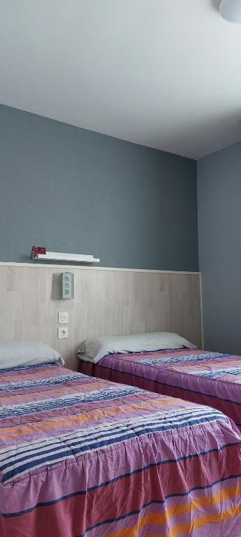 阿兰达德杜洛HOSTAL CEPA DE ORO的一间设有两张床和蓝色墙壁的客房
