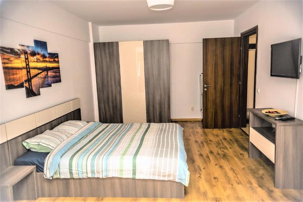 北马马亚-讷沃达里Apartament Mamaia Nord的一间卧室配有一张床、一张书桌和一台电视