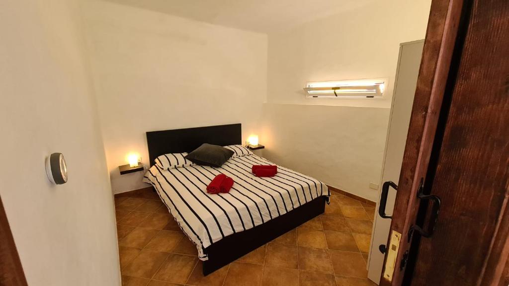 纳萨雷特Oasis house的一间卧室配有一张带两个红色枕头的床