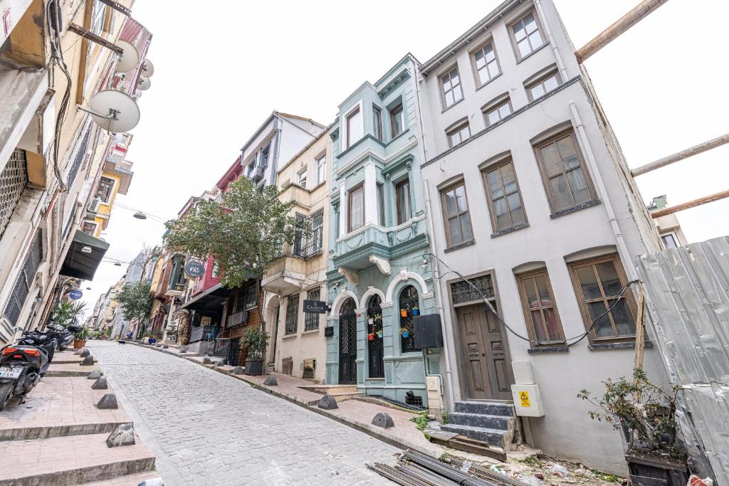 伊斯坦布尔卡兰泽公寓酒店的城市中一条鹅卵石街道,有建筑