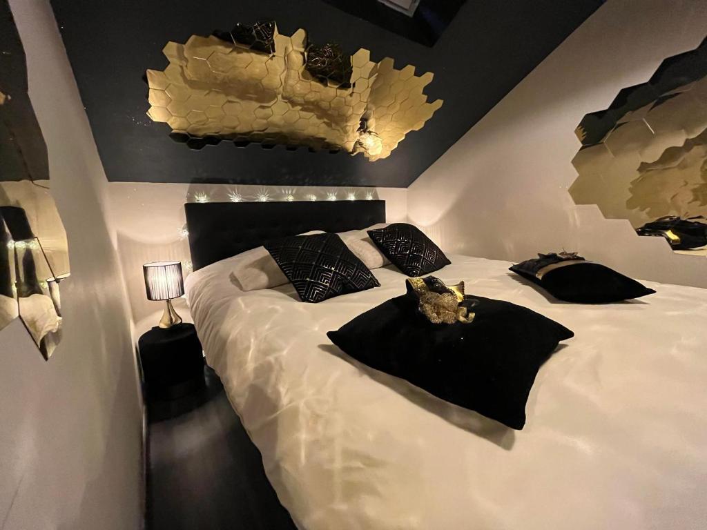 滨海贝尔克La tentation的卧室配有一张带黑色枕头的大型白色床。