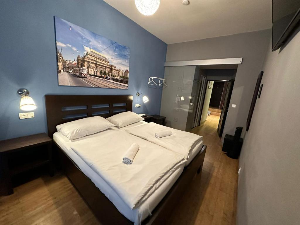 布拉格中央一室公寓的卧室配有一张大床,墙上挂着一幅画