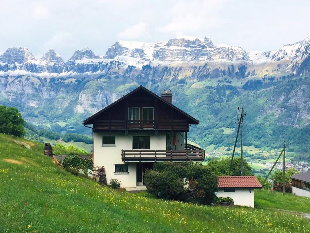 FlumsWohnung in Bergchalet的山丘上以山为背景的房子