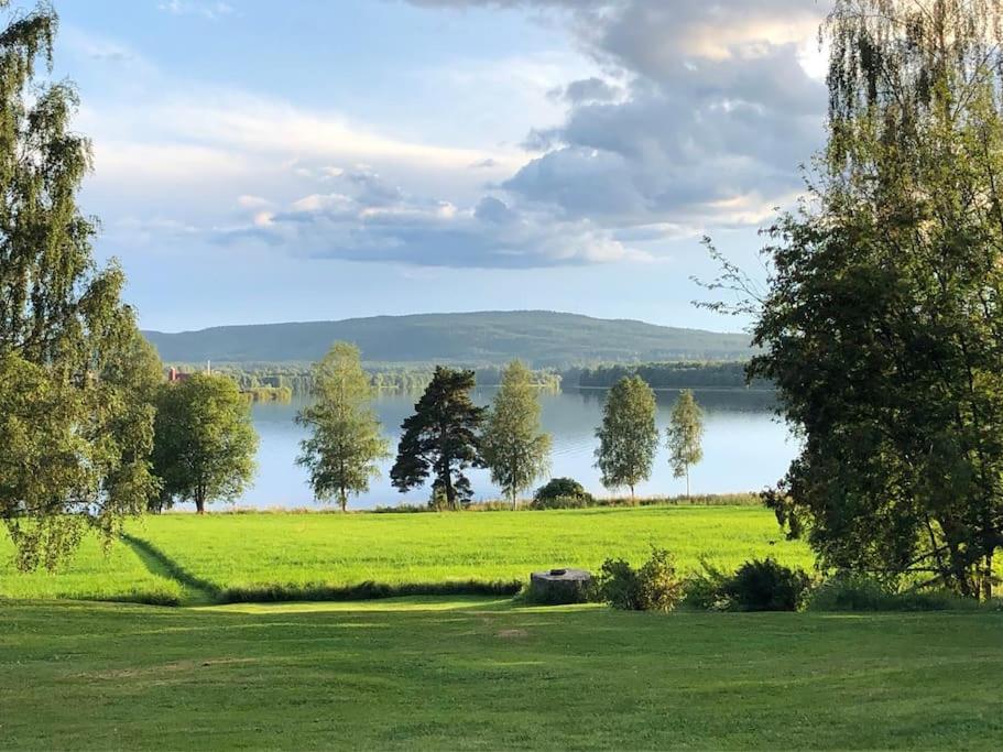 雷克桑德Idyllic Dalarna farmhouse at the lake的一片绿地,后面有湖泊