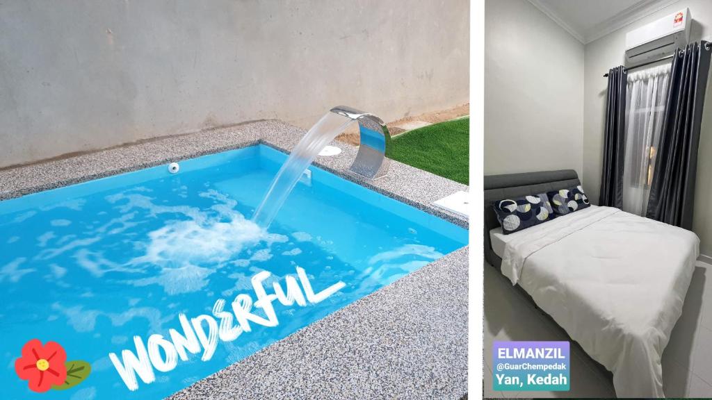 Guar ChempedakEl Manzil Homestay with Pool的室内的游泳池,喷泉