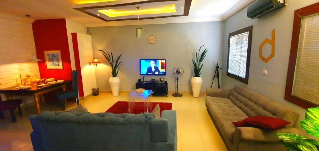 阿布贾House of Dioma Apartments, Kubwa的客厅配有两张沙发和一台电视