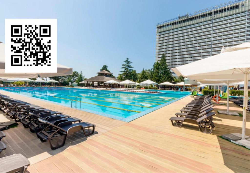 索契泽姆除兹纳格兰特酒店的一个带椅子和遮阳伞的大型游泳池