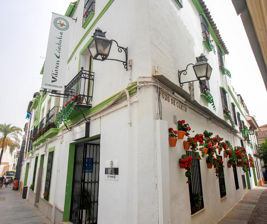 科尔多瓦Vitium Córdoba的白色的建筑,花朵在建筑的一侧