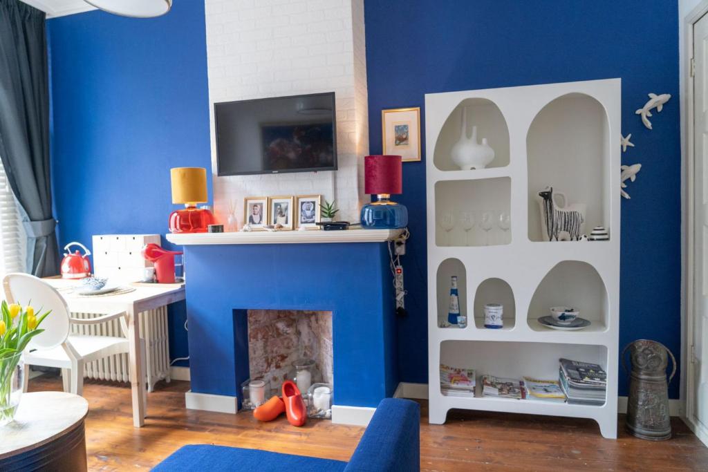 弗利辛恩Het Kasteeltje的客厅设有蓝色的墙壁和壁炉。