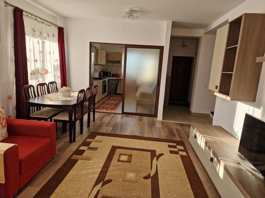 布拉索夫Casă și curte confortabilă的客厅配有红色的沙发和桌子