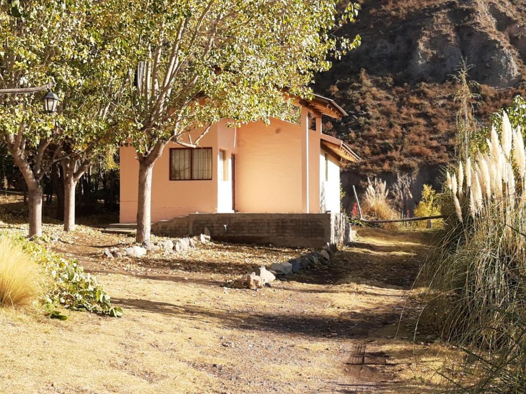波特雷里约斯Lo de Quebu Cabaña en la Montaña的前面有树木的小粉色房子