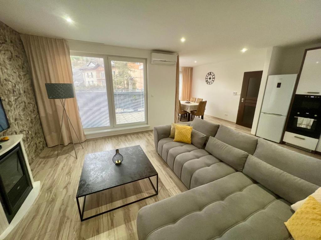 波切尼斯Apartman De lux 85m2的带沙发和电视的客厅