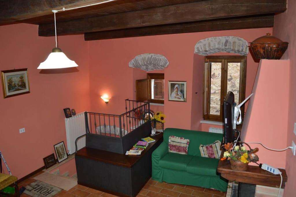 斯波莱托Casa Borgo Marco e Cristina的客厅设有绿色沙发和粉红色的墙壁。