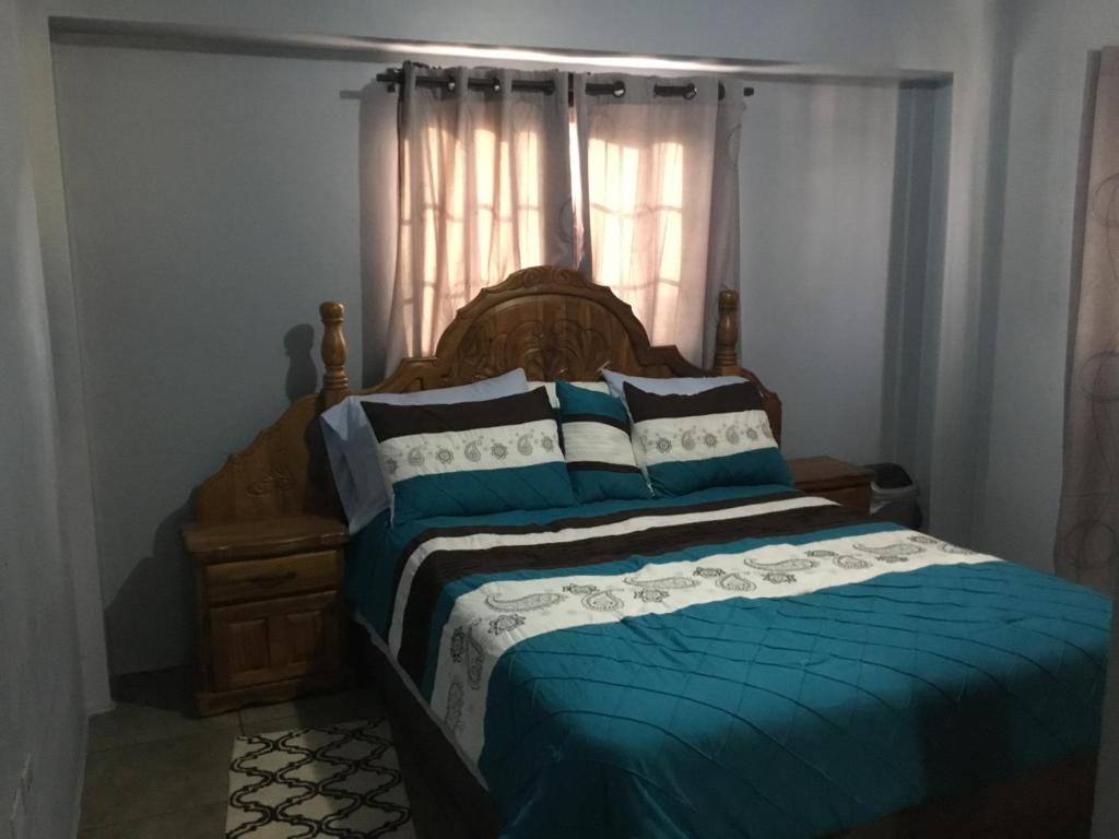 圣费尔南多Foothills Apartment 28 Vacation Nest的一间卧室配有一张带蓝色棉被的床和窗户。