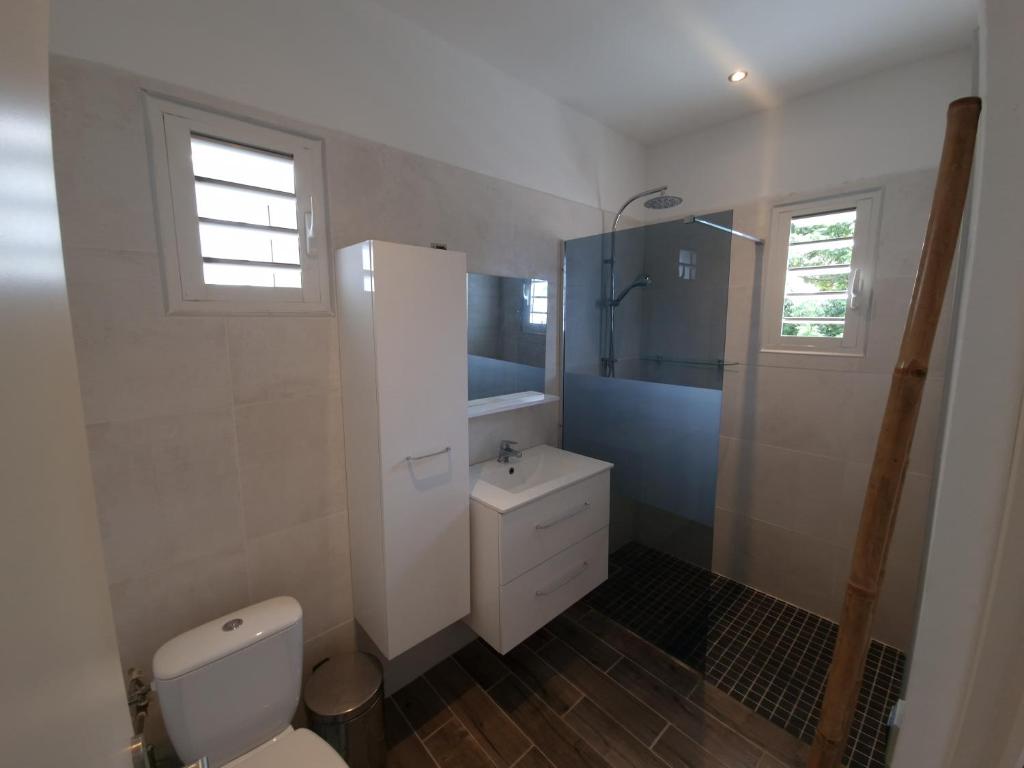 圣丹尼斯La Terrasse des manguiers的白色的浴室设有卫生间和淋浴。