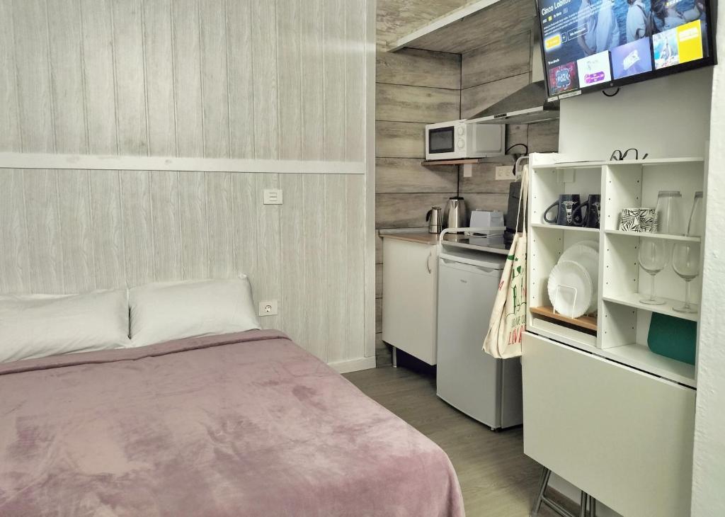 圣尼科拉斯村MINI estudio El Reloj的小房间设有床和厨房
