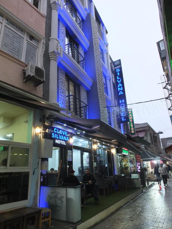 伊斯坦布尔CLOVE SİLVANA HOTEL的一座建筑物,上面有读慢银狼的标志