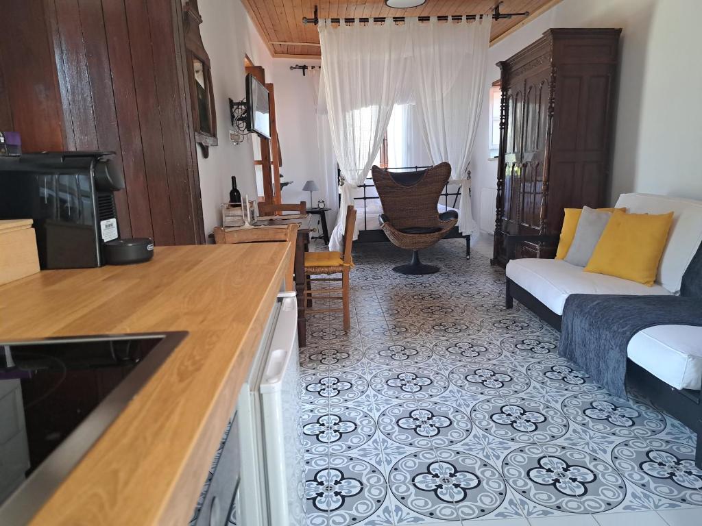 Panayia利亚科托乡村民宿的厨房以及带沙发和床的客厅。
