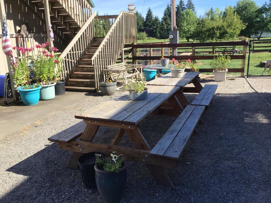 3G Farms Studio的一组木餐桌,上面有盆栽植物