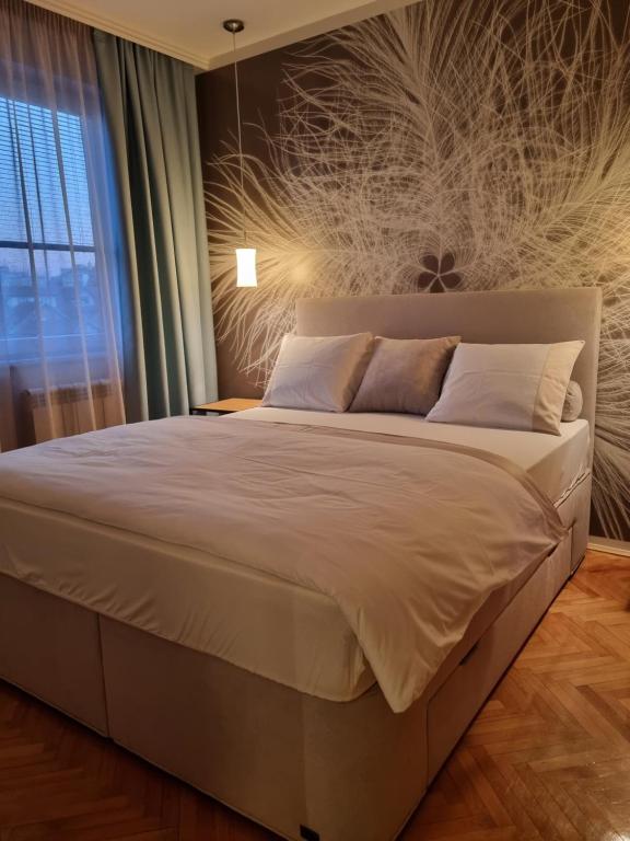 克拉列沃Apartman Centar的一间卧室设有一张大床和一个窗户。