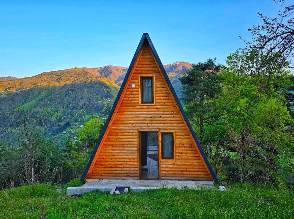 K'edaA Frame Cottage in Varjanisi - Batumi的一座带三角形屋顶的小木房子
