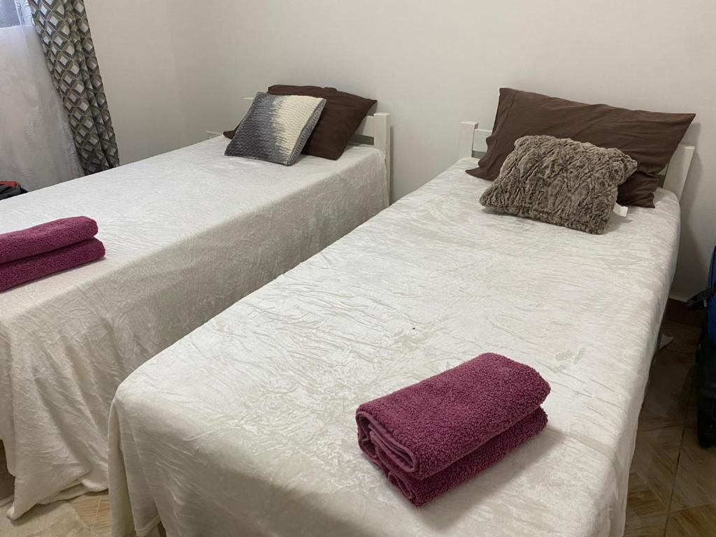 卢萨卡Peaceful Hills Self Catering Holiday House的客房内的两张床和毛巾