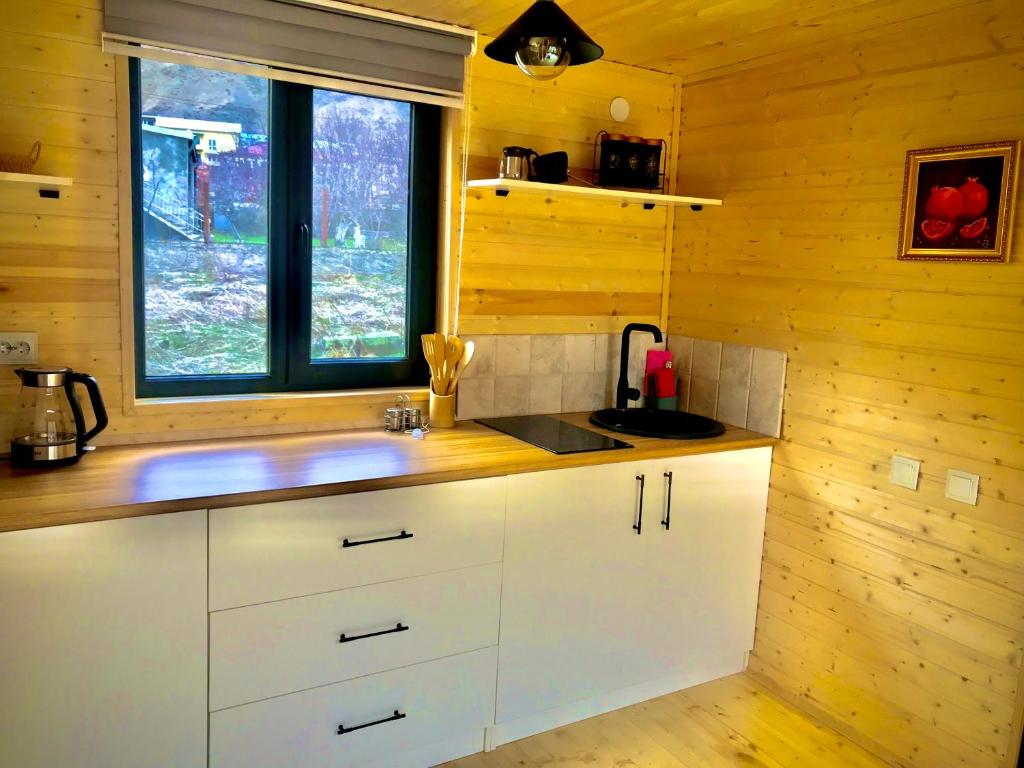卡兹贝吉Hillside Kazbegi的厨房配有白色橱柜和窗户。