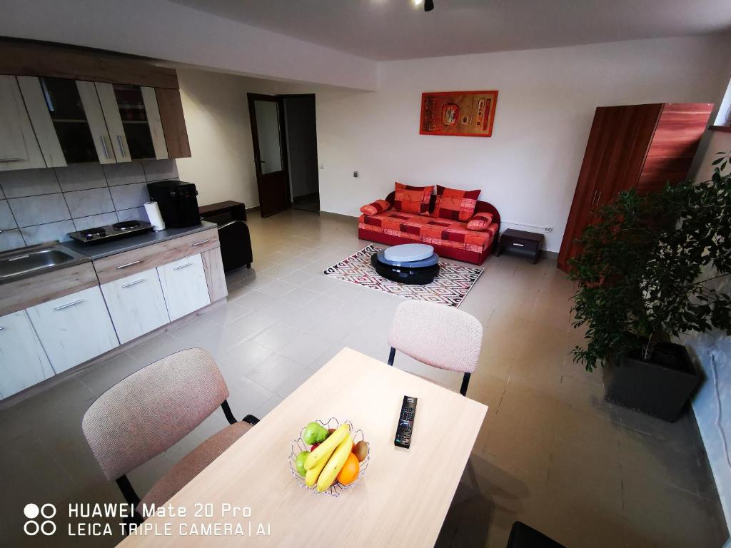 克卢日-纳波卡Cluj City Marasti Apartament 1的客厅配有桌子和红色沙发