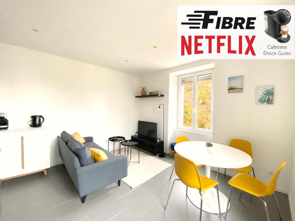 贝尔福Magnifique T2 40m2 lumineux, moderne et rénové avec fibre的客厅配有沙发和桌子